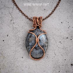 Large wire wrapped  larvikite pendant necklace for woman 7th or 22nd Anniversary gift idea Powerful positive energy