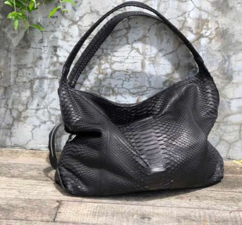 Big Soft Hobo Classy Sport Woman Bag | Purse Genuine Python Skin | Python Skin Products | Black Big Elegant Leather Desi