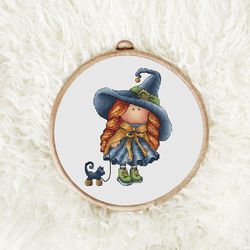 halloween girl cross stitch pattern, tilda doll cross stitch chart, little cat cross stitch, funny cross stitch, pdf
