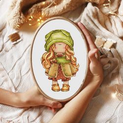 acorn girl cross stitch pattern, tilda doll cross stitch chart, fall cross stitch, baby cross stitch, cute cross stitch