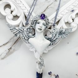 Sphinx Goddess Necklace. Amethyst and sodalite pendant. Art Nouveau jewelry. Handmade Sculpture polymer clay. Unusual