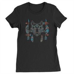 native american wolf and feathers southwest womens t-shirt