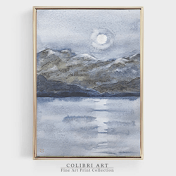 Mountain Lake Art Print Moon Landscape Watercolor Muted Wall Art Neutral Print Nature Digital File Instant Download N17
