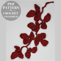 Crochet orchid pattern, branch with flowers crochet, flower crochet applique for Irish lace, crochet pattern motif.