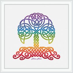 Cross stitch pattern Tree Oak silhouette celtic knot ornament rainbow abstract colorful counted crossstitch patterns PDF
