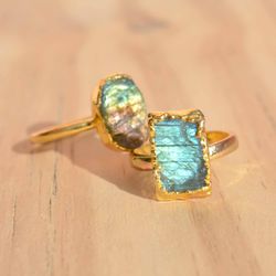 Raw Labradorite Electroformed Women Ring, Organic Gemstone Cooper & Brass Electroplated Handmade Minimalist Jewelry