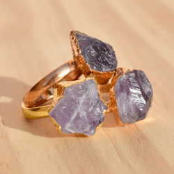 Raw Amethyst Crystal Electroformed Ring For Women, Gemstone Cooper & Brass Electroplated Minimalist Handmade Jewelry