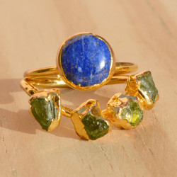 Raw Lapis Lazuli Ring, Blue Stone Ring, Raw Peridot Ring, Green Gemstone Ring, Raw Crystal Ring, Electroformed Jewelry