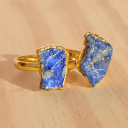 Raw Lapis Lazuli Electroforme Women Ring, Organic Gemstone Cooper & Brass Electroplated Handmade Jewelry, Gift For Her