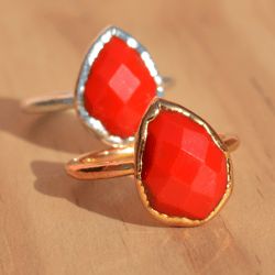 Tear Drop Red Coral Electroformed Ring For Women, Organic Crystal Brass And Cooper Electroplated Handmade Jewelry,