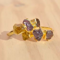 Raw Multi stone Electroformed Women Ring, Rough Gemstone Electroplated Brass & Cooper Handmade Jewelry, Gift For Her