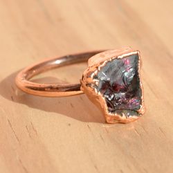 Raw Garnet Crystal Electroformed Ring For Women, Rough Gemstone Cooper And Brass Handmade Electroplated Jewelry