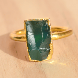 Raw Green Onyx Crystal Electroforme Ring For Women, Rough Gemstone Cooper And Brass Electroplated Handmade Jewelry