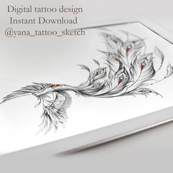 Phoenix Tattoo Design Phoenix Tattoo Sketch Female Phoenix Tattoo Ideas for Woman, Instant download JPG, PDF, PNG