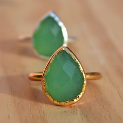 Tear Drop Green Onyx Electroformed Ring For Women, Organic Crystal Brass And Cooper Electroplated Handmade Jewelry,