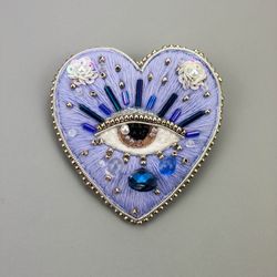Evil Eye Pin |  Witch Heart Brooch |Sacred heart pin| embroidery beaded heart pin| Magic heart brooch |Witchcraft Gift