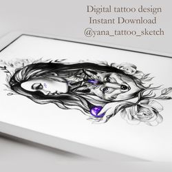 Wolf And Girl Tattoo Design Wolf Tattoo Design Woman Portrait Tattoo Sketch, Instant download JPG, PDF, PNG