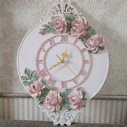 large wall clock with roses shabby chic decor pink wall clock silent wall clock for bedroom wedding gift
