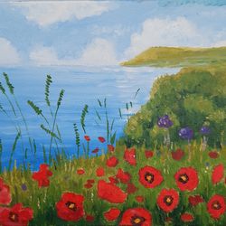 Sea and Popppies 12*10''  30*25 cm by Andriy Stadnyk Oil Painting Landscape Home Decor Art