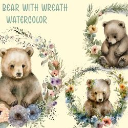Baby Bear With Wreath Watercolor