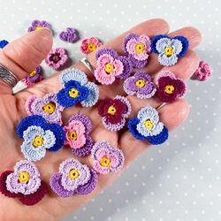 Crochet scrapbooking pansy and viola pattern PDF ,crochet flowers aplique for mask, crochet pansy application home decor
