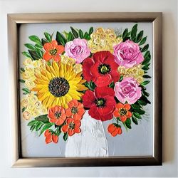 Textured Acrylic Painting Bouquet of Wildflowers Floral Art
