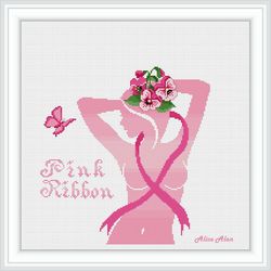 Cross stitch pattern Pink ribbon silhouette Woman butterfly flowers female health counted crossstitch patterns PDF