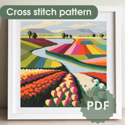 Cross stitch pattern /200x200st/ Flower fields, cross stitch chart PDF, cross stitch pattern flowers, x stitch chart