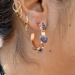 Raw Amethyst Earrings, Open Hoop Earrings Rose Gold, Birthstone Earrings, Raw Stone Earrings, Rough Gemstone Earrings