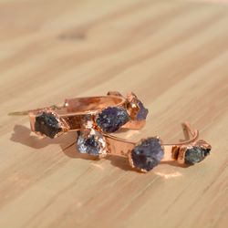 Raw Amethyst Electroformed Stud Earrings For Woman, Raw Gemstone & Cooper Electroplated Handmade Jewelry, Gift For Her