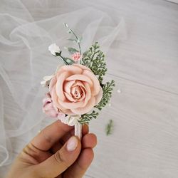 Blush Boutonniere, Blush pink wedding, Silk paper flowers, Rose Boutonniere, Wedding boutonniere for men
