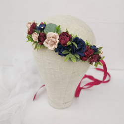 Burgundy Navy blue flower crown, Navy and maroon floral crown, Flower crown wedding, Navy and maroon floral headband, Na