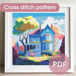 Cross stitch pattern /200x200st/ House, cross stitch chart PDF, Cross stitch pattern landscape, cross stitch chart House