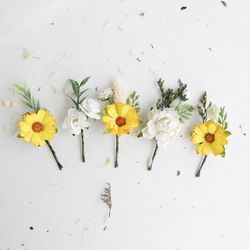Sunflower hair clip, Flower hair pins, Yellow flower hair clip, Rustic Bridal hair piece, Wedding flower hair