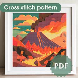 Cross stitch pattern /200x200st/ Volcano, Cross stitch chart PDF, cross stitch pattern landscape, x stitch chart Volcano