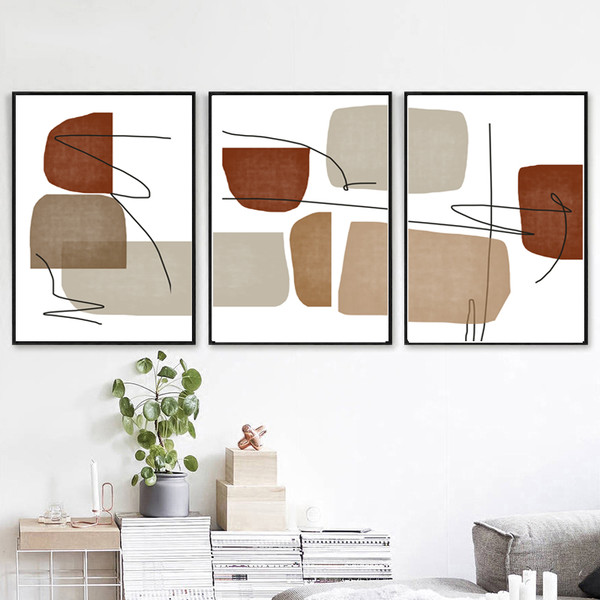 Abstract Printable Large Art Set Of 3 Posters Rust Beige Brown