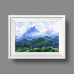Watercolor poster with mountains, Watercolor digital file, Printable, Art poster, Blue-green landscape, Art print