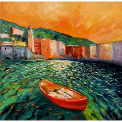 Boat Painting Sea Original Art Impressionist Art Impasto Painting Italy Painting 20"x20" by KseniaDeArtGallery