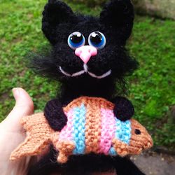 Plush black cat toy Cat fisherman plush cute Stuffed kitten animals toy knitted amigurumi plushie pet Halloween decor