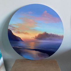 Original Ocean Oil Painting, Pastel Sunset Painting, Round Canvas, Canvas Art, Seascape Painting, Ocean Wall Decor