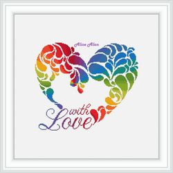 Cross stitch pattern Heart Drops silhouette rainbow signed with Love lovers colorful counted crossstitch patterns PDF