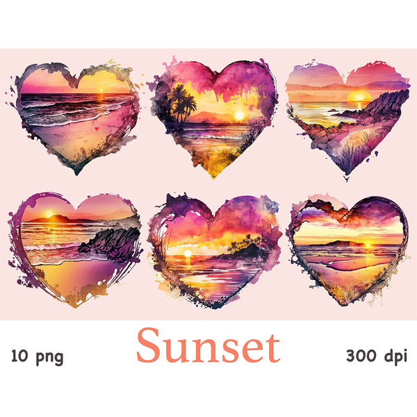 Six summer Watercolor sunset landscapes in the form of hearts on a transparent background for sublimation, crafting and printing. Images of sunsets in orange, p