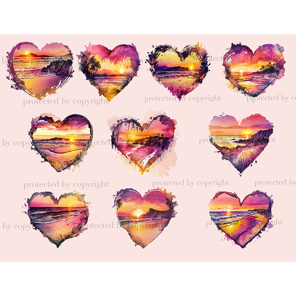 Ten Watercolor summer hearts with sunsets on a transparent background for sublimation, crafting and printing. Images of sunsets with palm trees on the beach, co