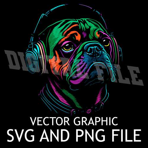 Pug Dog Dj in Headphones Vector Digital File SVG,PNG, Sublimation Download File