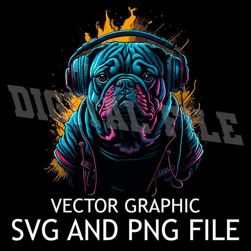 Pug Dog Dj in Headphones Vector Digital File SVG,PNG, Sublimation Download File