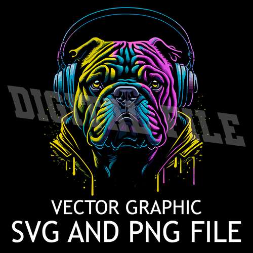 Bulldog Dj in Headphones Vector Digital File SVG,PNG, Sublimation Download File
