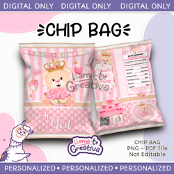 Teddy Chip Bag, Baby Party Favors, Baby Shower Girl Chip Bags, Digital, Printable, Instant download