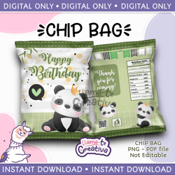 Watercolor Panda Chip Bag, Instant Download, not editable
