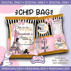 Add personalization Paris Baby Shower Chip Bag, Instant Download, not editable