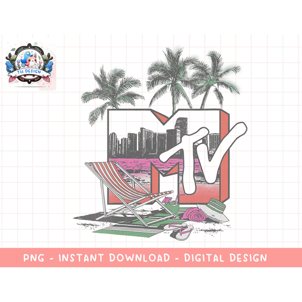 Womens MTV Logo Music Television Beach And Palm Trees V-Neck T-Shirt copy.jpg